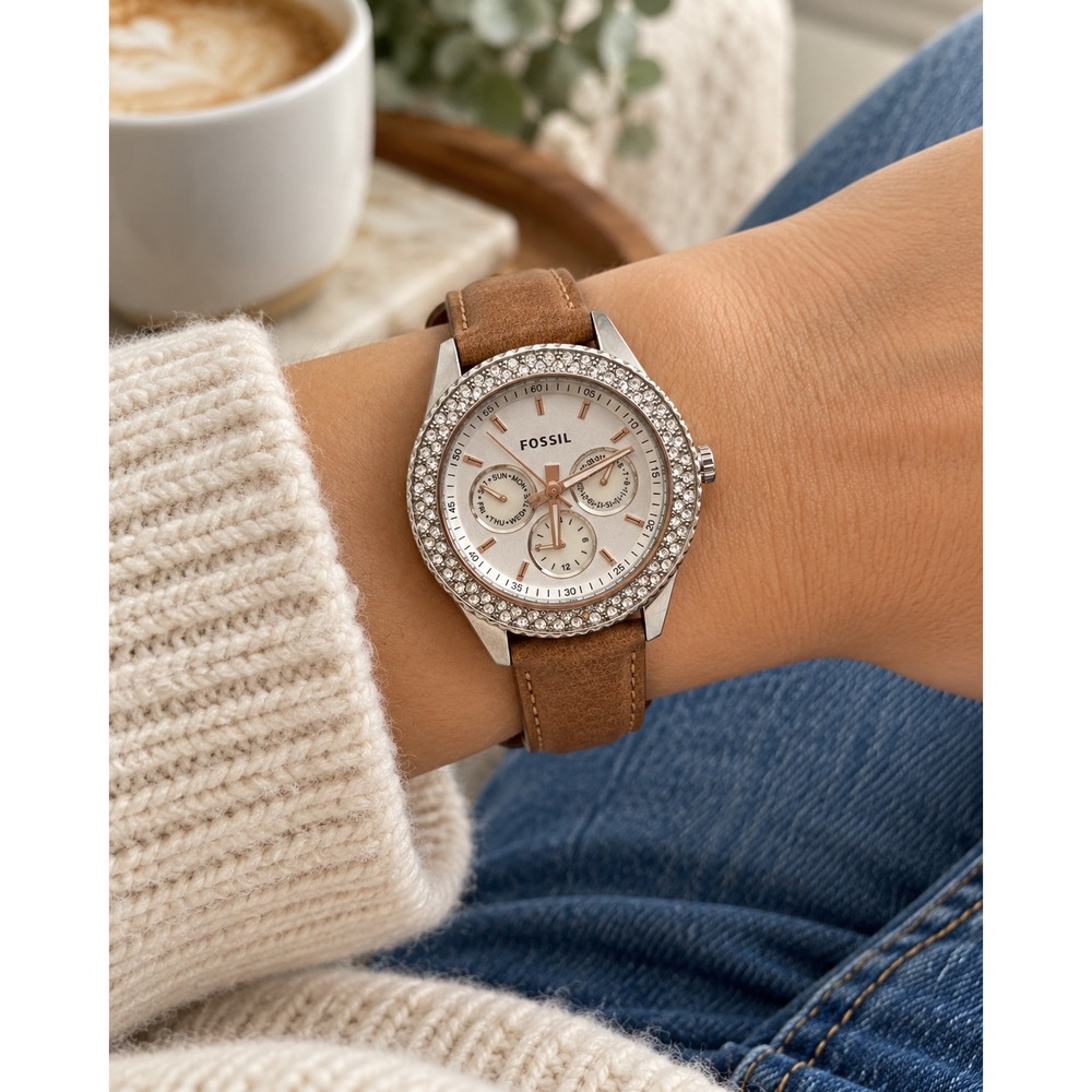 Fossil Stella Watch Womens ES2997 Brown Leather Silver Crystal Bezel Chronograph
